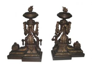 French bronze andirons with flame finials