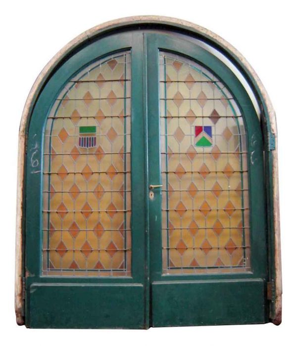 Large Pair of Arched Leaded & Stained Glass Doors