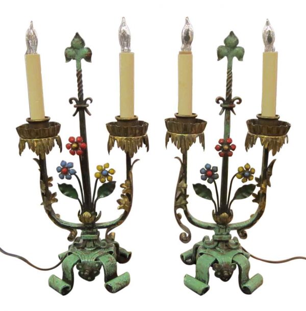 1920s Pair of Floral Table Lamps