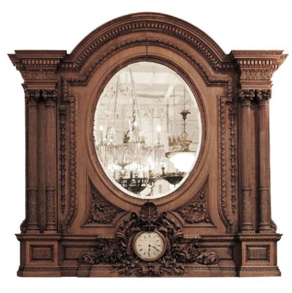 Large Antique Heavily Carved Over Mantel Mirror with Clock