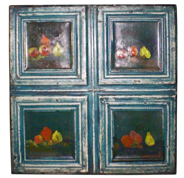 Antique Ceiling Tin Panel Hand Painted with Four Still Lifes
