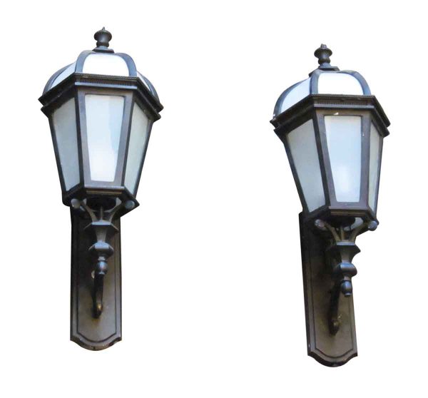 Pair of Black Lantern Sconces with White Caps & Frosted Sides