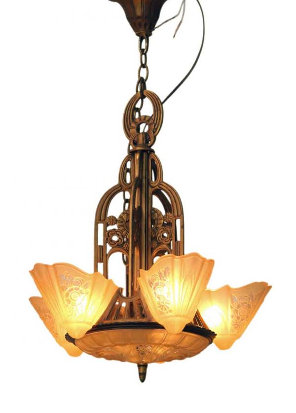 Art Deco Chandelier with Amber Glass Slip Shades