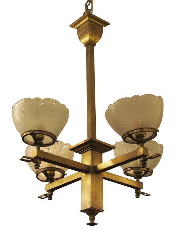Gas Four Arm Brass Chandelier with Etched Glass Shades