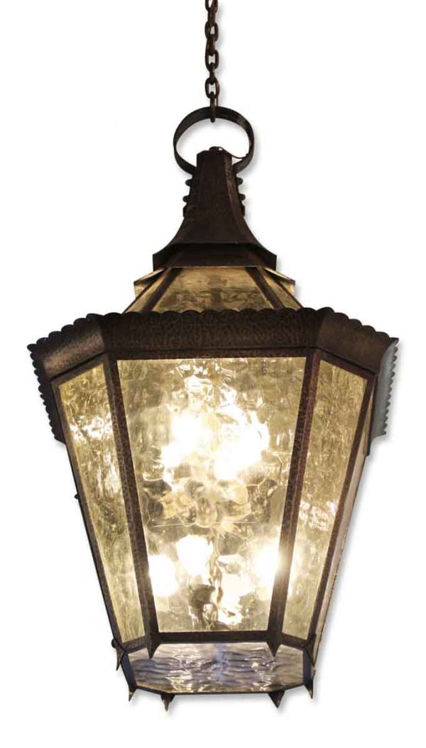 Hammered Brass & Amber Glass Pendant Lantern Light