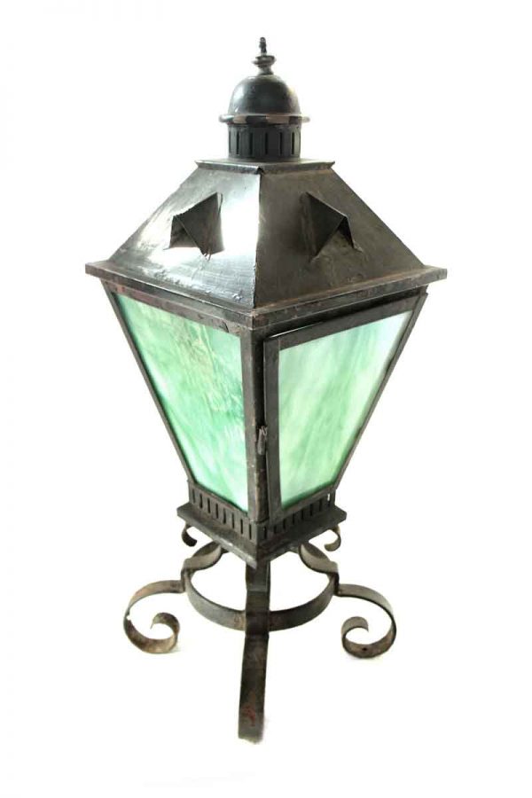 Vintage Iron Standing Lantern with Green Slag Glass