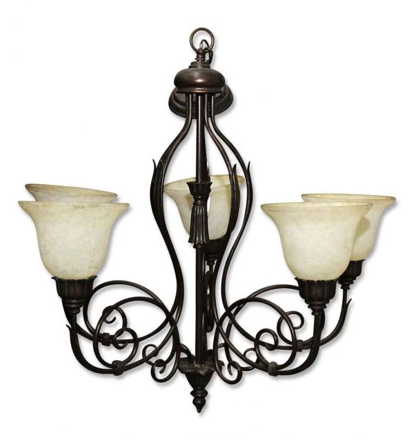 Five Light Vintage Wrought Iron Chandelier with Glass Shades