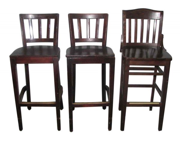 Set of Three Wooden Bar Stools with Slatted Back