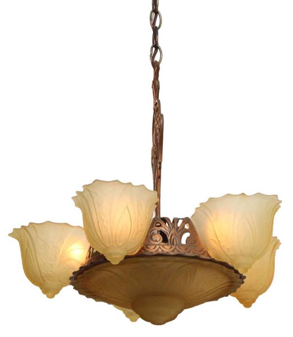 Five Light Art Deco Slip Shade Chandelier