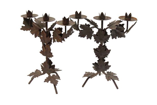 Pair of Metal Foliage Three Light Candle Holders
