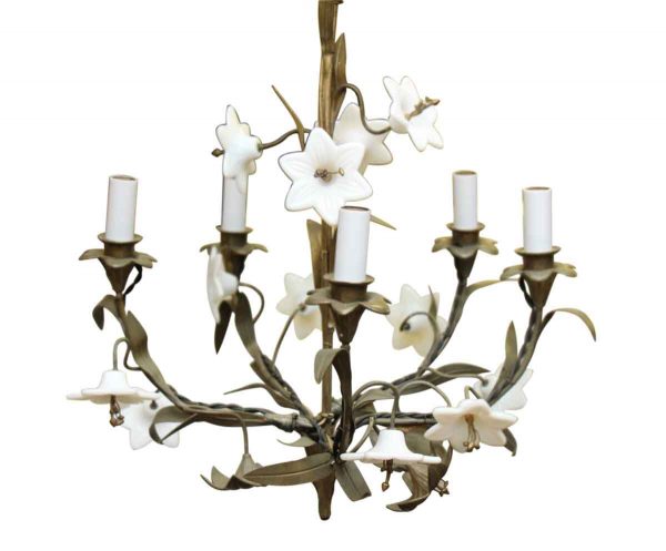 Five Light Floral Chandelier with Milk Glass Detail
