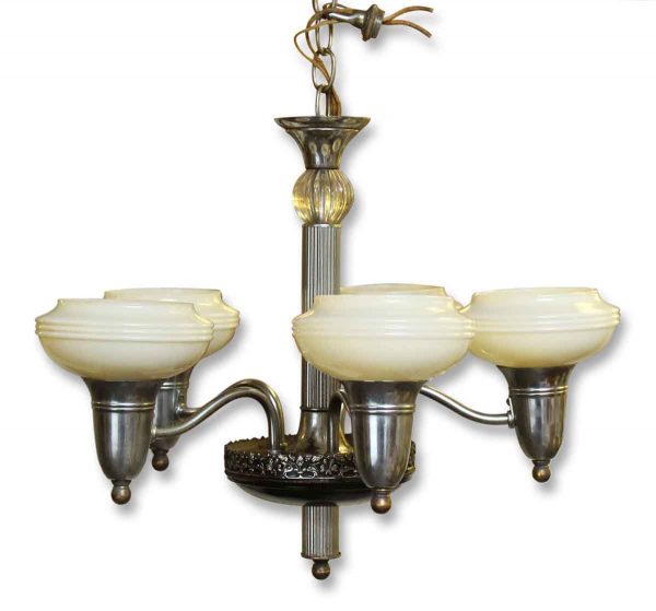 Vintage Five Arm Deco Chandelier with Glass Shades