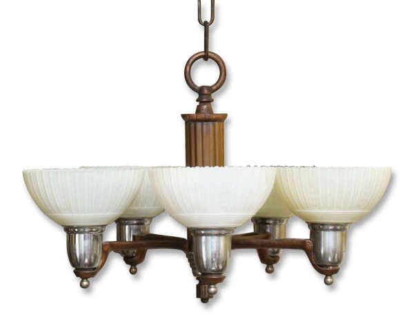 Five Arm Art Deco Chandelier with Scalloped Glass Shades