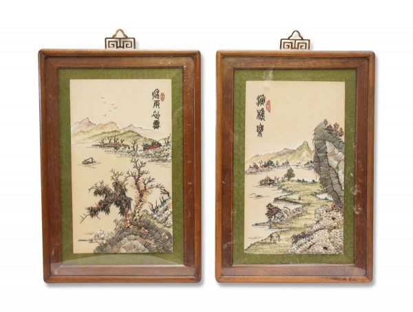 Pair of Oriental Wood Framed Seashell Relief Pictures