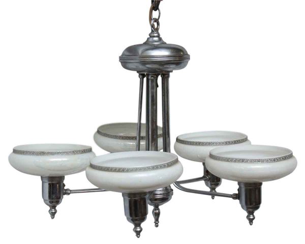 Five Light Chrome Deco Fixture with Metal Trimmed Glass Shades