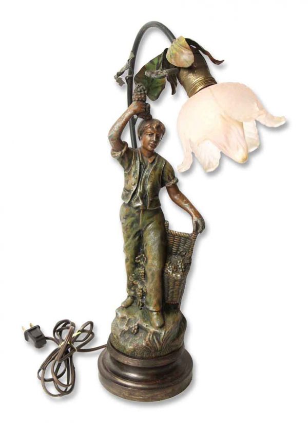 French Figural Table Lamp with Floral Glass Shade