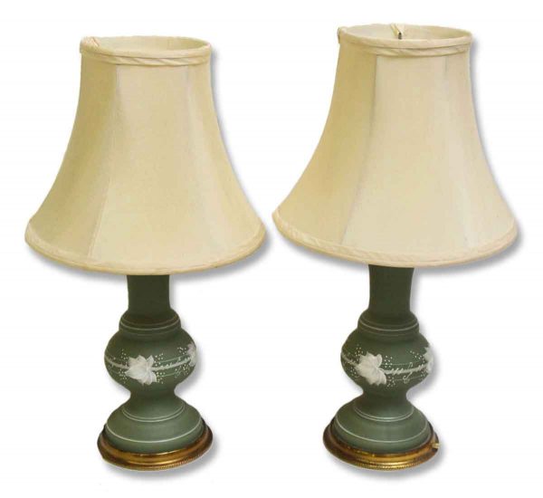 Pair of Early 20th Century Green Glass Floral Table Lamps