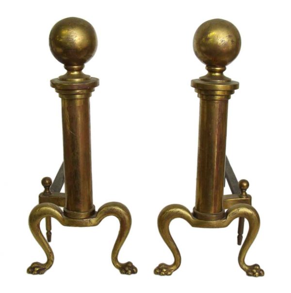 Pair of Cast Brass Andirons with Paw Feet