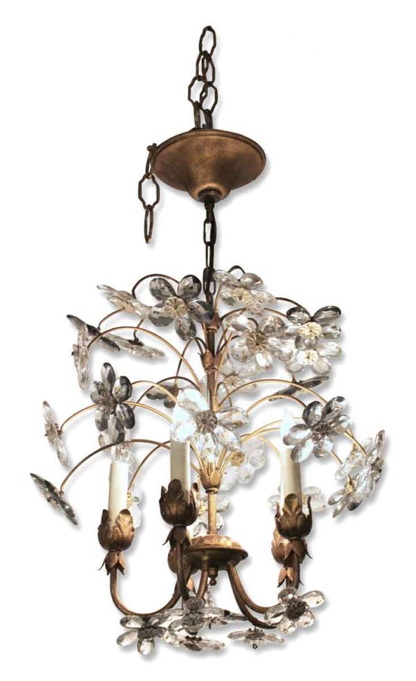 Small Gilt Iron Five Arm Chandelier with Crystal Flowers