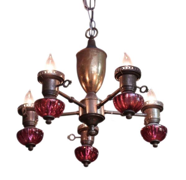 Brass Five Light Chandelier with Red Glass Detail