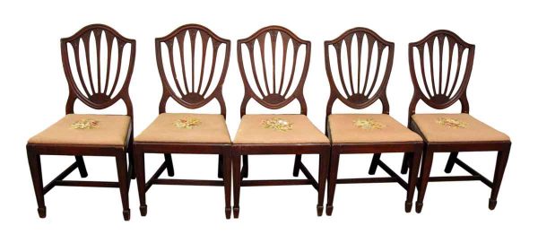 Set of Five Wooden Dining Chairs with Decorative Shell Backs