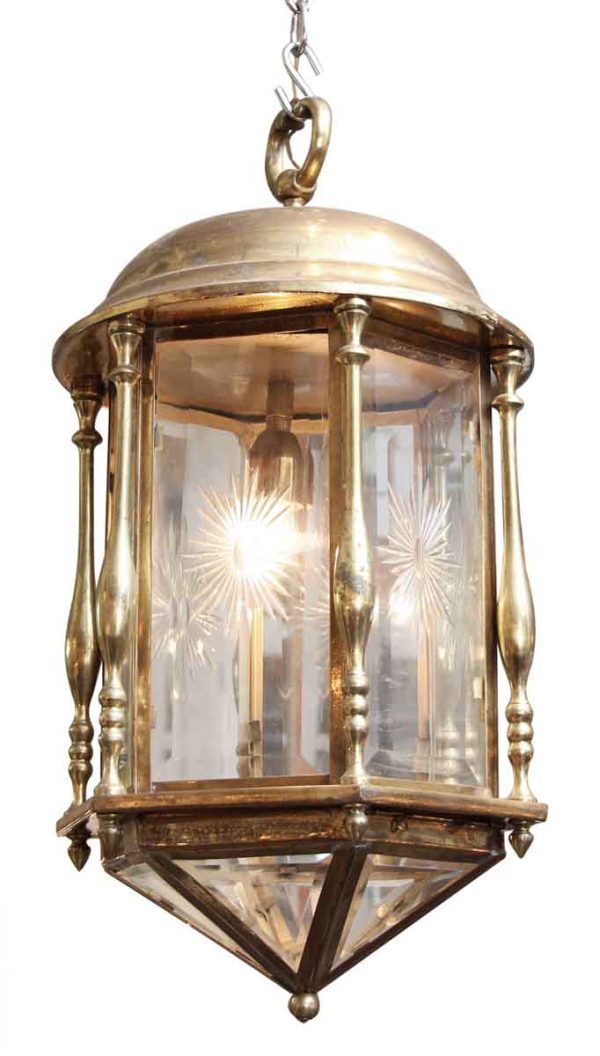 Brass Etched Lantern with Beveled Glass