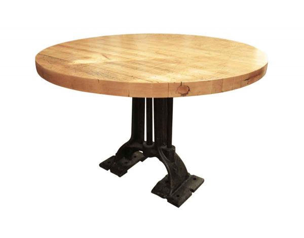 Refurbished Round Butcher Block Table with Heavy Cast Iron Base