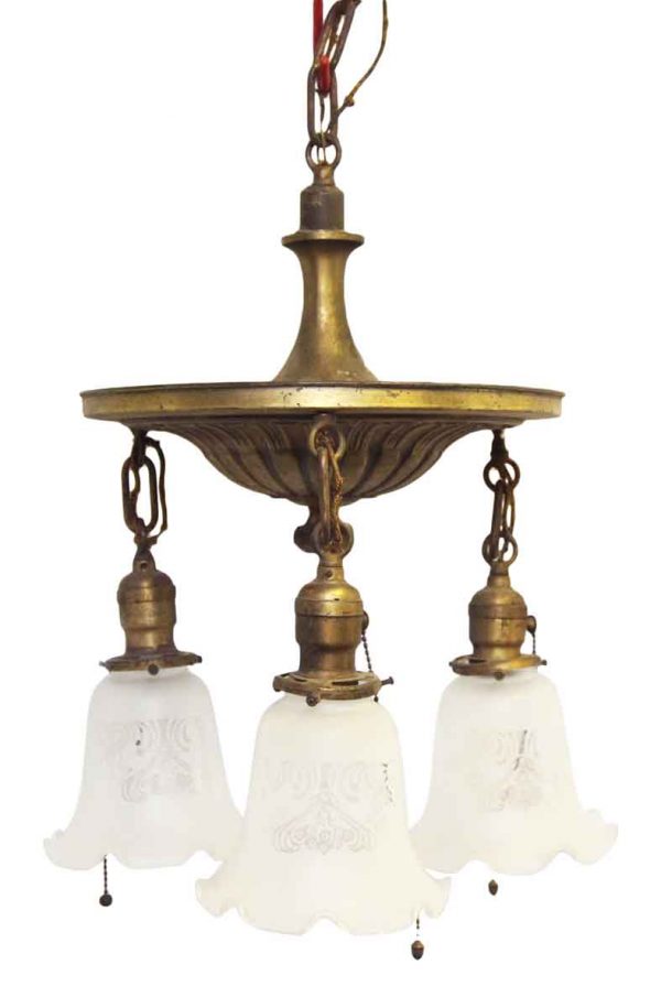 Down Light Brass Chandelier with Ruffled Glass Shades