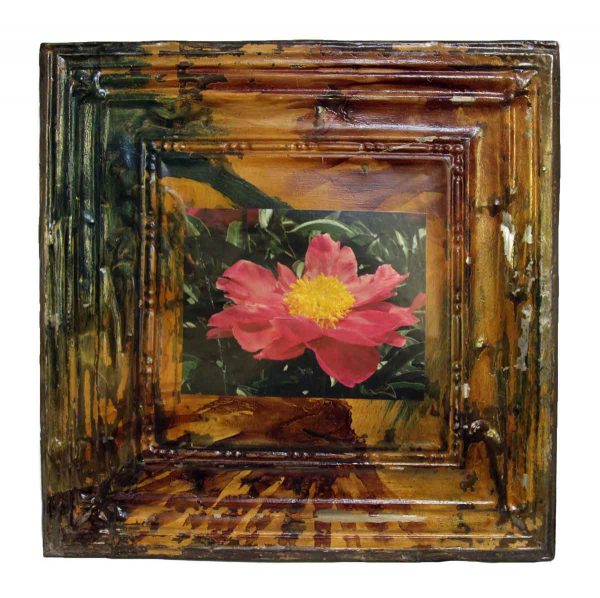 Painted Tin Panel with Attached Flower Print
