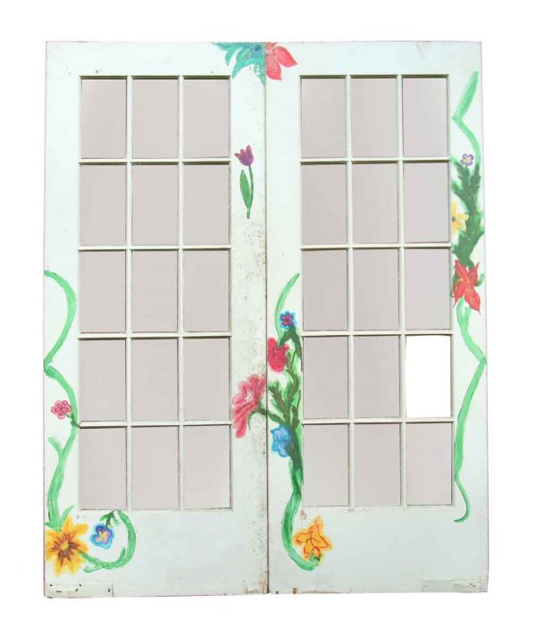 Pair of White Glass Panel Doors with Painted Flowers