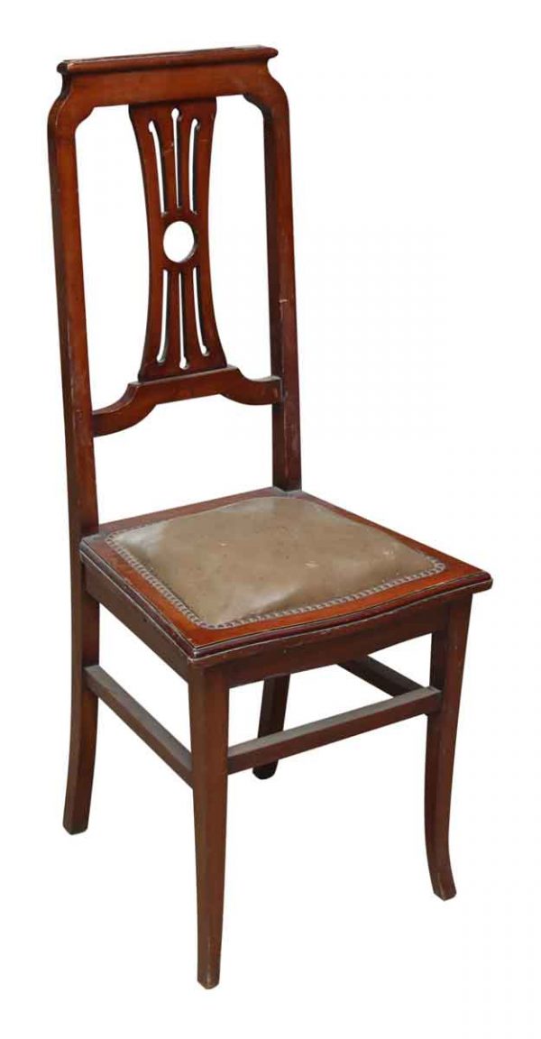 Set of Six Tall Lyre Back Wood Dining Chairs with Leather Seat