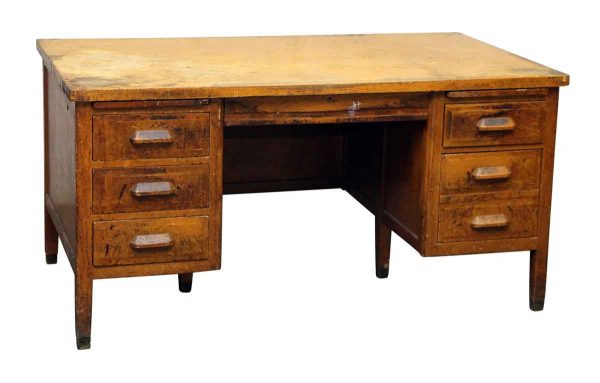 Worn Six Drawer Oak Office Desk