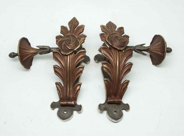 Pair of Floral Brass Curtain Tie Backs with Nickel Washed Plate