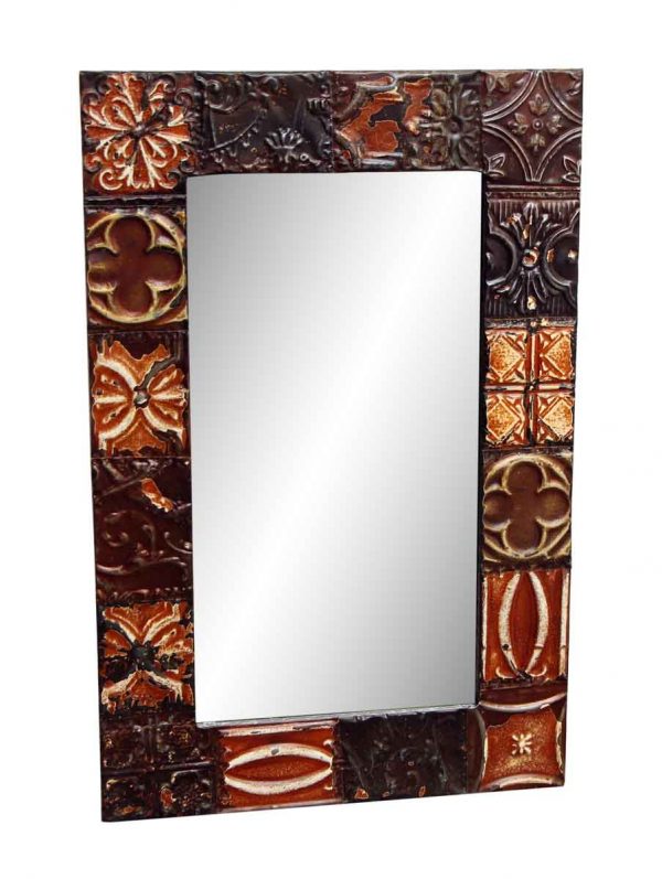 Brown Tin Panel Mirror with Mixed Patterns