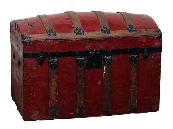 Red Vintage Storage Trunk with Ornate Hardware