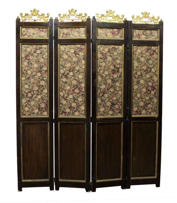 Old Wooden Four Panel Floral Screen Divider
