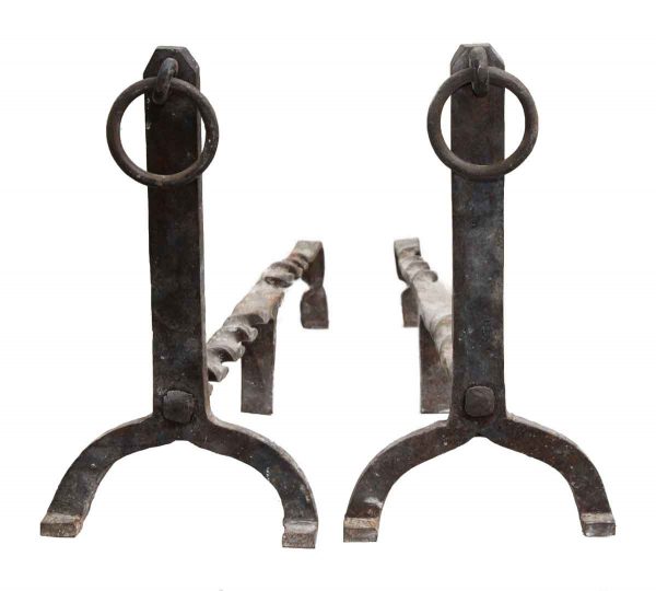 Pair of Cast Iron Andirons with Top Rings
