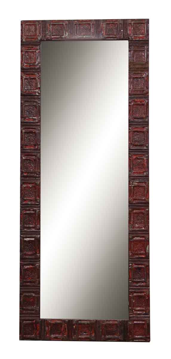 Tall Red Tin Panel Mirror with Square Designs