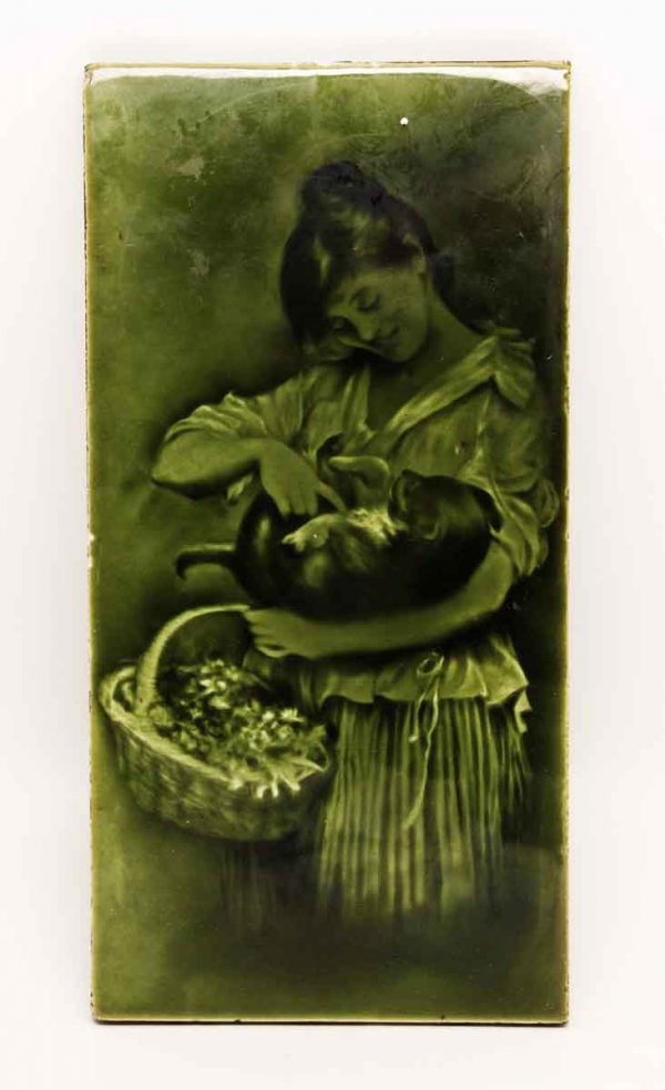 Large Green Majolica Tile with Woman Figure