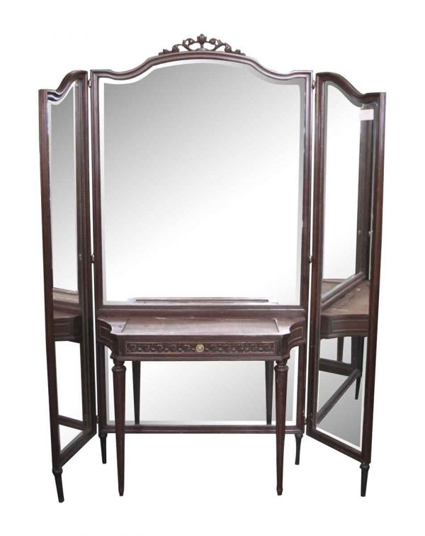 Tri Fold Mirror and Wood Vanity Table