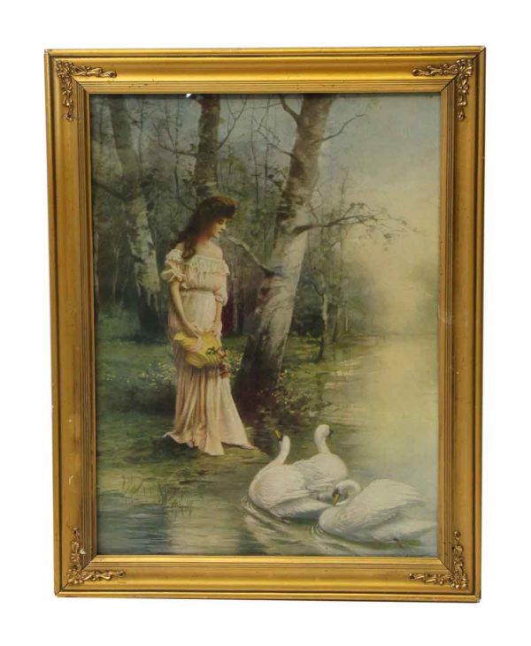 Ornate Framed Portrait of a Woman and Swans