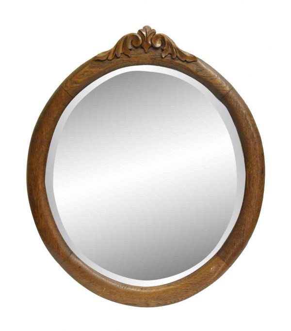 Oak Frame Round Beveled Mirror with Carved Top