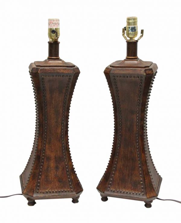 Pair of Wooden Studded Lamps