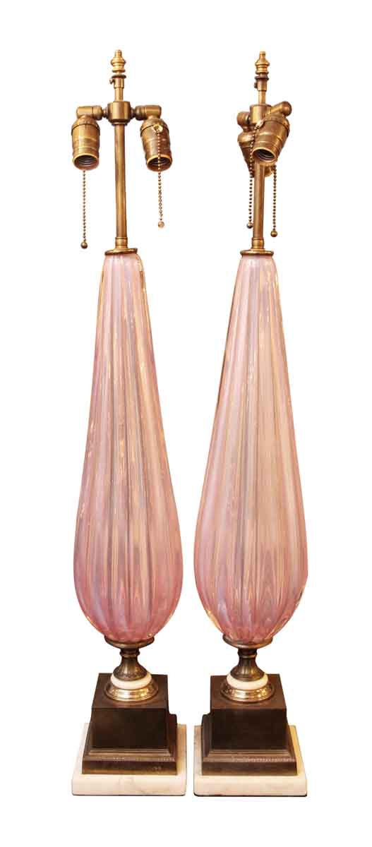 Pair of Pink Murano Glass Lamps with Brass & Marble Base
