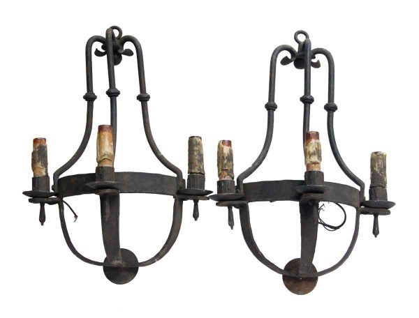 Pair of Three Arm Wrought Iron Wall Sconces - Sconces & Wall Lighting