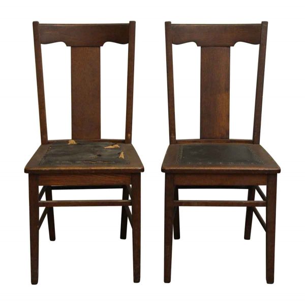 Pair of Oak Chairs with Studded Leather Seats | Olde Good Things