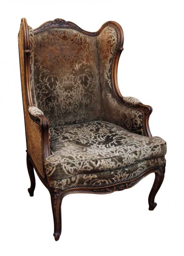 Bergere Chair with Floral Carved Wood Frame - Living Room