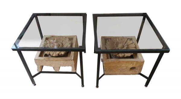Pair of Metal End Tables with Floral Stone - Altered Antiques