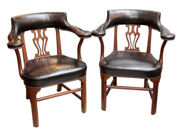 Pair of Studded Leather & Walnut Captain Chairs - Seating