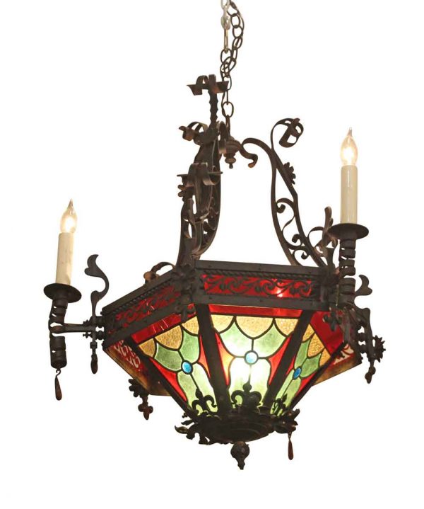 Wrought Iron & Stained Glass Chandelier - Chandeliers
